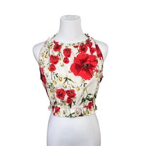 Lulu's Adjustable White Halter Blouse Poppy Floral MEDIUM‎ Cottagecore Feminine